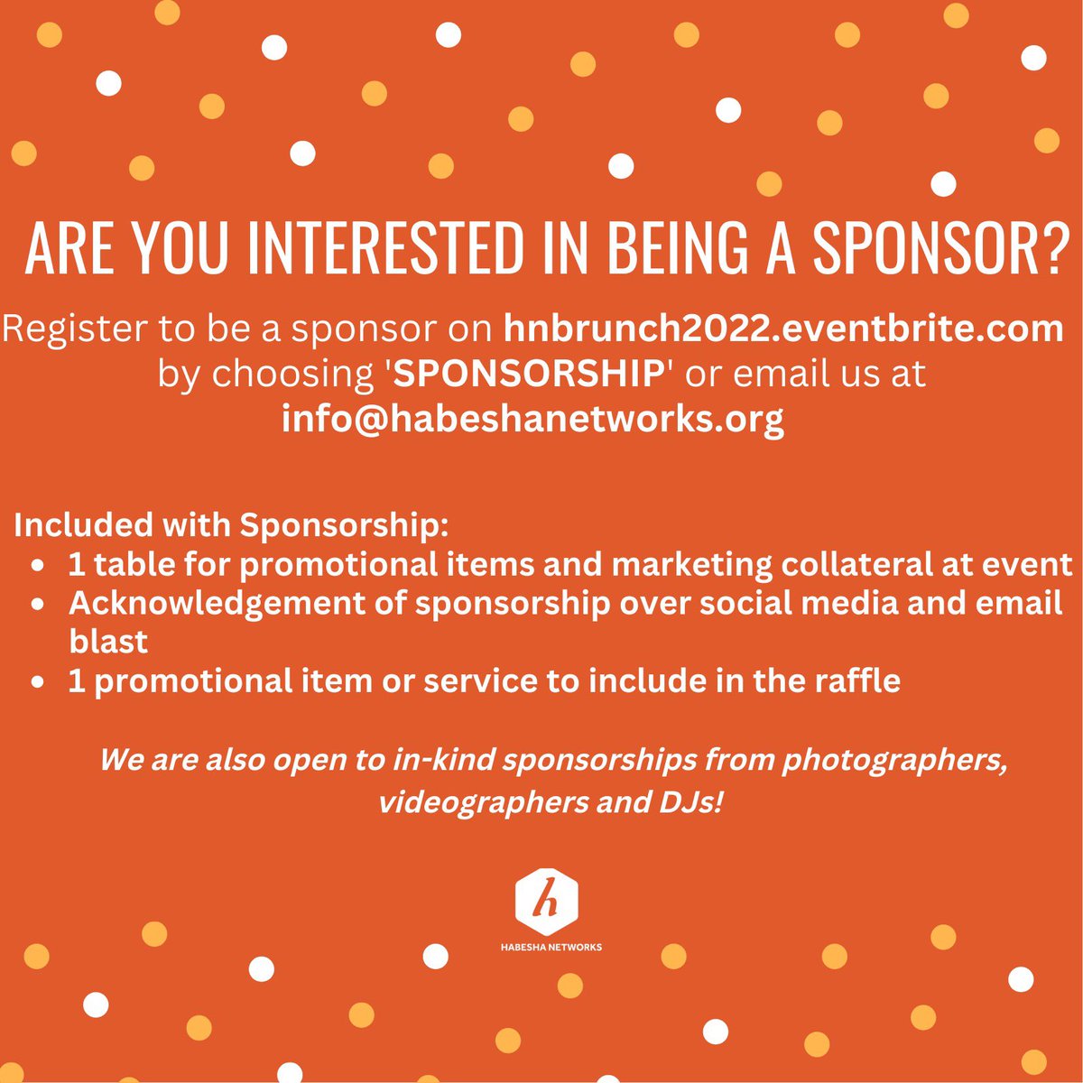 Have you RSVP’d for #HNBrunch22 yet? 

Join us this Sunday 11/13 for our annual Fall Brunch to network and celebrate our 5 year anniversary! 

Interested in being a sponsor? See the slide below for more info or email us at info@habeshanetworks.org

RSVP 👉 bit.ly/HNBrunch22