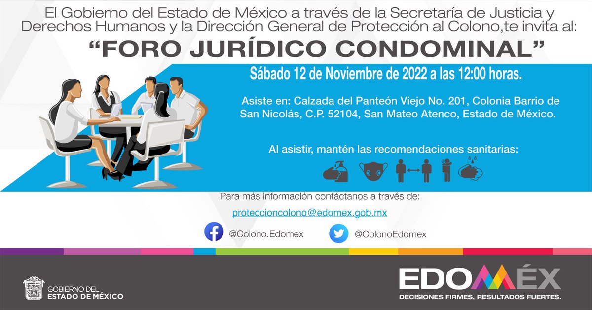 DGJCPC_EdoMex's tweet photo. El Gobierno del Estado de México a través de la Secretaría de Justicia y Derechos Humanos y la Dirección General de Protección al Colono te invitan al: “Foro Jurídico Condominal".
Se llevará a cabo el sábado 12 de noviembre de 2022  a las 12 hrs. en #SanMateoAtenco https://t.co/rY4EUDFeIl