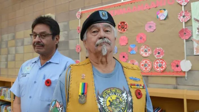CBCIndigenous's tweet photo. Men from Chippewas of the Thames who served with U.S. military share stories with students on Indigenous Veterans Day https://t.co/3I4E8CL79B https://t.co/7q7XGL4MJA