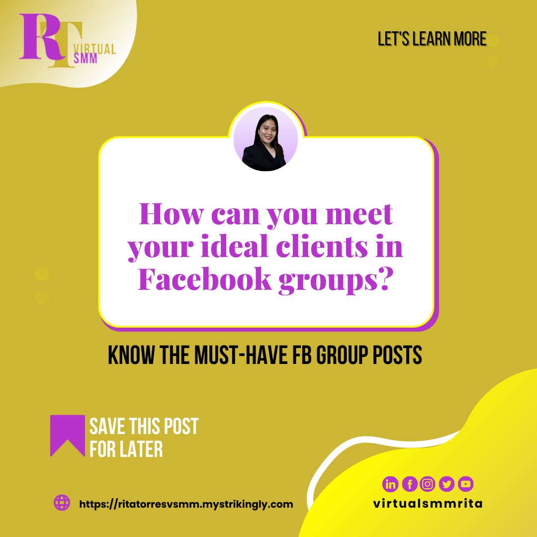 virtualsmmrita's tweet photo. 📌Here are the top 3 must-have Facebook Group posts:
➡Value-giving post 
➡Attention post
➡Connection post 
Was this post helpful?
📲Do you want to get connected with us? Here are our socials: https://t.co/ZajqS6sr4N
#rtvsmm #smm #facebookgroups #marketing #freelancing https://t.co/01a7em8j66