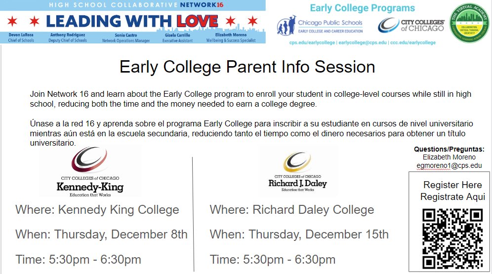<a href="/CPSNetwork16/">CPS Network 16</a> Parents, are you interested in your child (Soph,Jr, Sr) taking Early College classes?  Sign up for our Parent Info Session! The session will be available in English and Spanish. <a href="/N16Students_CPS/">Network 16 Student Resources</a> <a href="/cps__face/">CPS FACE</a> <a href="/ECCECPS/">Early College and Career Education (ECCE)</a>