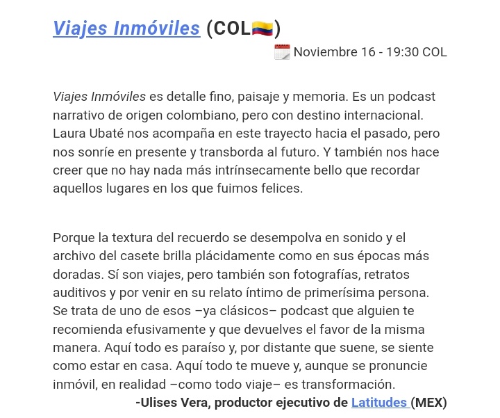 Ulysses_Vera's tweet photo. Escribí una reseña para #ViajesInmóviles de @LauraUbate, uno de esos -ya clásicos- pódcast en lo que todo es viaje y recuerdo.

¡Nos vemos en #Poscastinación2022! https://t.co/ryMxZlOpMs https://t.co/3GP8MoDvJO
