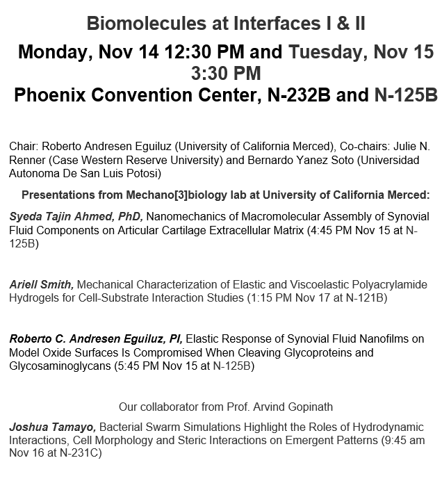 The @mechano3biology  lab from the UC Merced is going to AIChE 2022 in Phoenix next week! Check out our talks on biomaterials at the interface, surface science, and soft and active systems! @CCBM_UCMerced