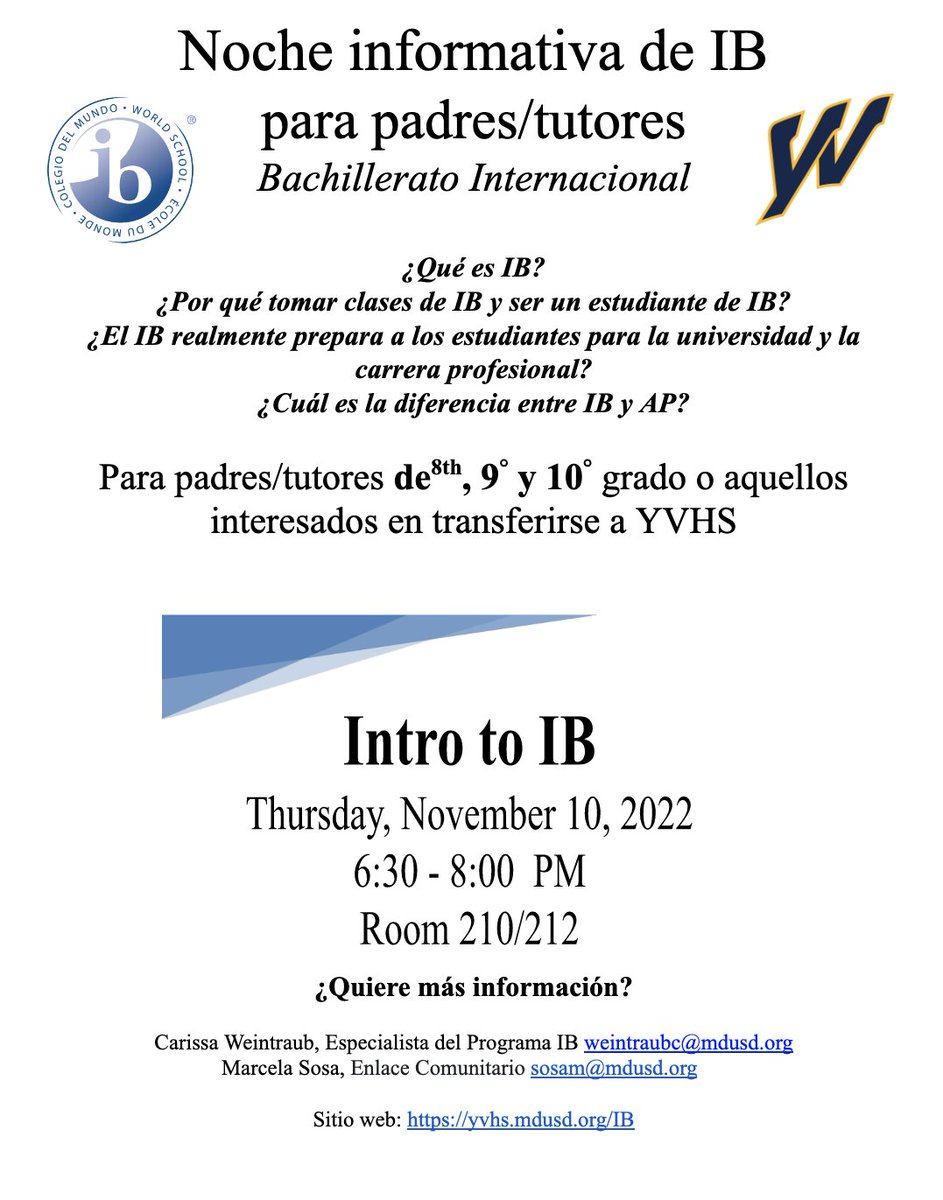 .@YgnacioValley will hold an International Baccalaureate (<a href="/IbYvhs/">YVHS-IB</a>) Information Night from 6:30-8p Thurs., 11/10 in Room 210/212 for parents &amp; guardians of students in 8th, 9th or 10th grade or those interested in transferring to Ygnacio Valley HS. See flyers for more information.