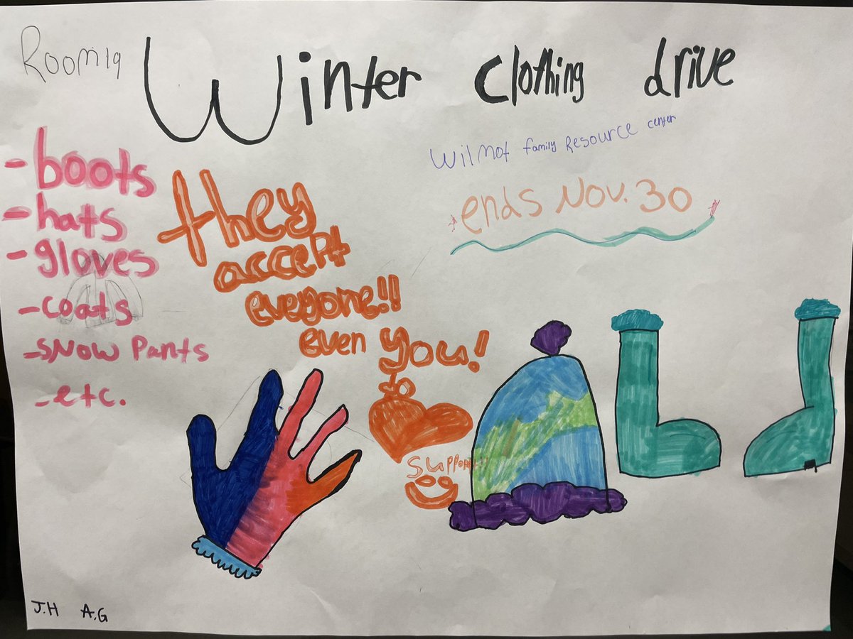 Thanks to Mr. Gajdos’s grade 5/6 class for organizing our school winter clothing drive for @WilmotFamilyRC <a href="/wrdsb/">Waterloo Region DSB</a> We are collecting until November 30th.