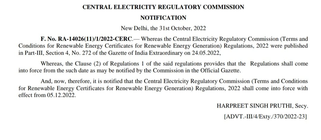 h_pongilath's tweet photo. Whereas the Central Electricity Regulatory Commission 
•Terms &amp; Conditions for Renewable Energy 
•Certificates for Renewable Energy Generation Regulations 2022 shall come into force with effect from 05/12/2022
#cec
#electricity 
#powerproducers https://t.co/g8gaPZdtlY