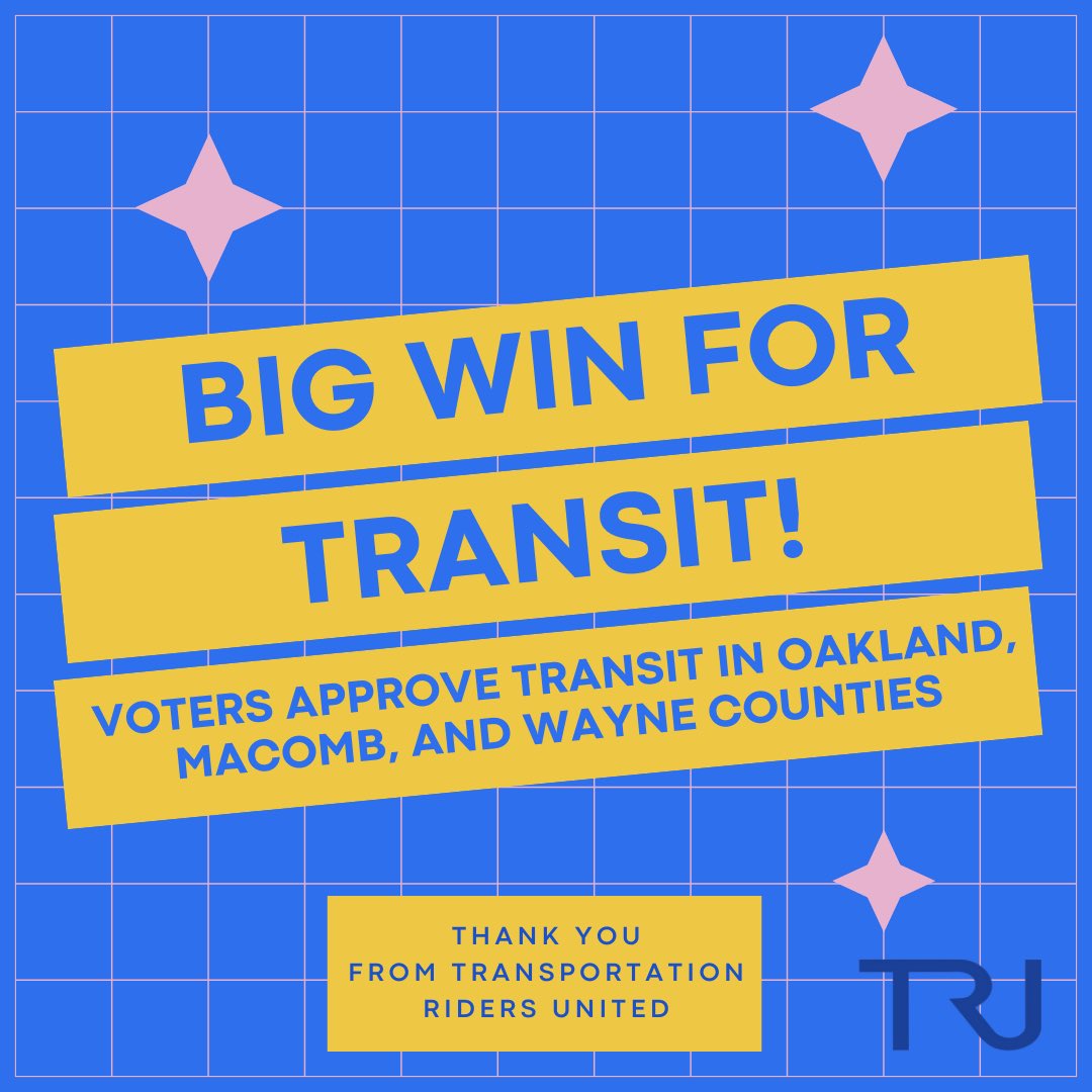 DetroitTransit's tweet image. Transit millages won big last night! 

In Macomb County, every municipality and township except one voted YES on transit. 

Oakland County voted for a historic expansion of transit, eliminating opt-outs. 

This is a big deal.