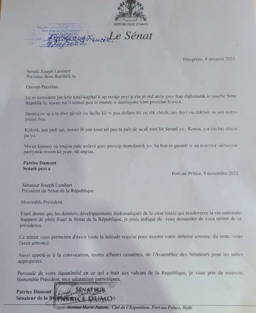 LaTribuneNews7's tweet photo. Suite aux sanctions prises par les USA et le Canada contre le Sénateur #JosephLambert, le Sénateur #PatriceDumont l'invite à se retirer de la présidence du Sénat de la République. https://t.co/8F1IJP83qk