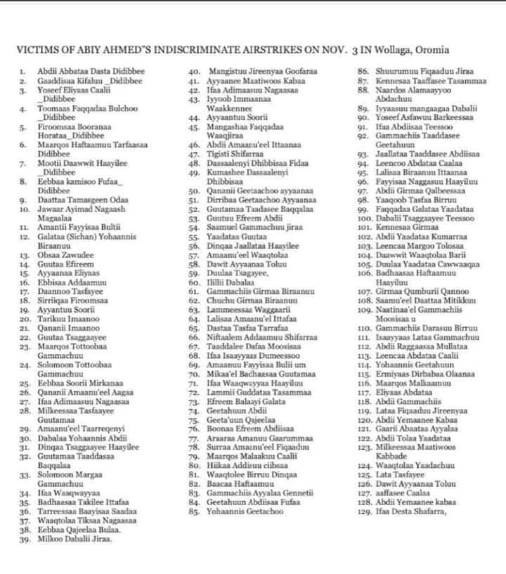 RArarssa's tweet photo. This list, with 129 and counting, has the names of the persons massacred in West Wallagga by Abiy's drones on November 3. #Oromo_Genocide https://t.co/Rr4MTghMt4