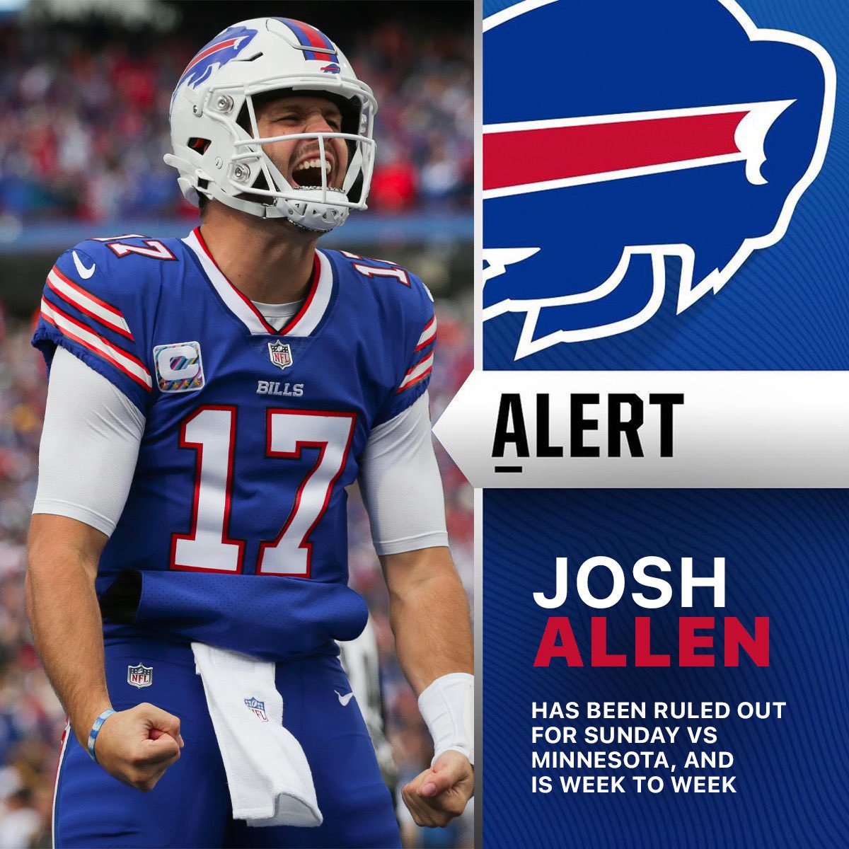 Josh Allen has been ruled OUT Sunday vs the Vikings with a grade 3 penile fracture.