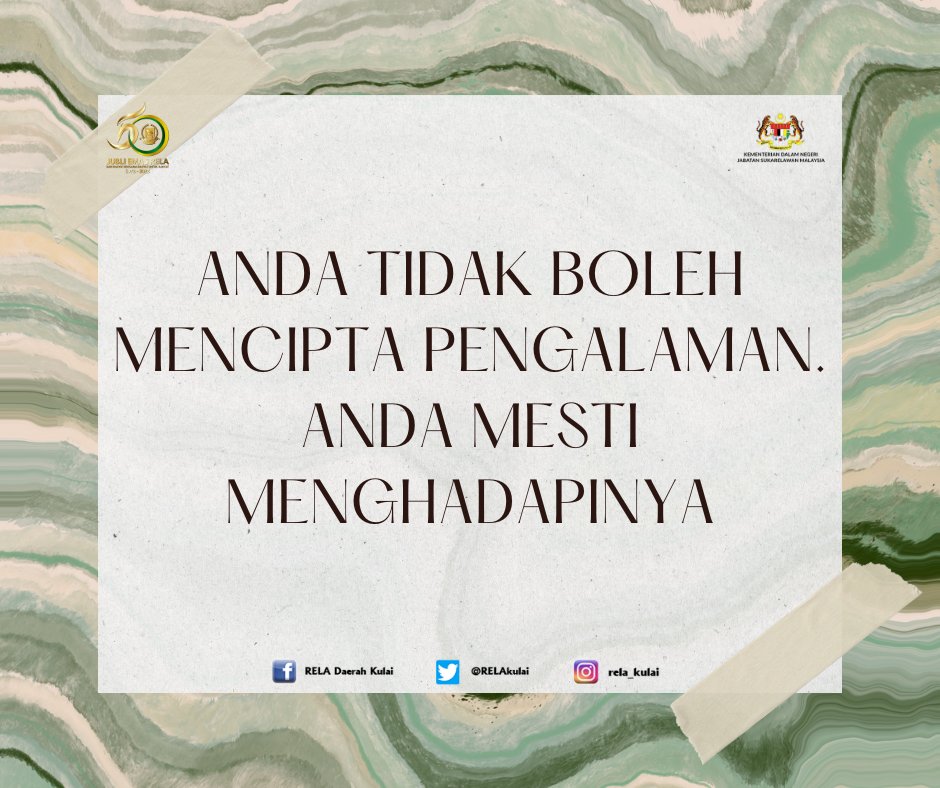 RELAkulai's tweet photo. 10 November 2022 (Khamis)

Anda tidak boleh mencipta pengalaman.
anda mesti menghadapinya

@yahyakgc @relamalaysia @msrz81 @RELA_Johor

#SetiaBerbakti
#JubliEmasRELA

UMR Kulai | PTU Baizura https://t.co/0WqeFtJgaJ
