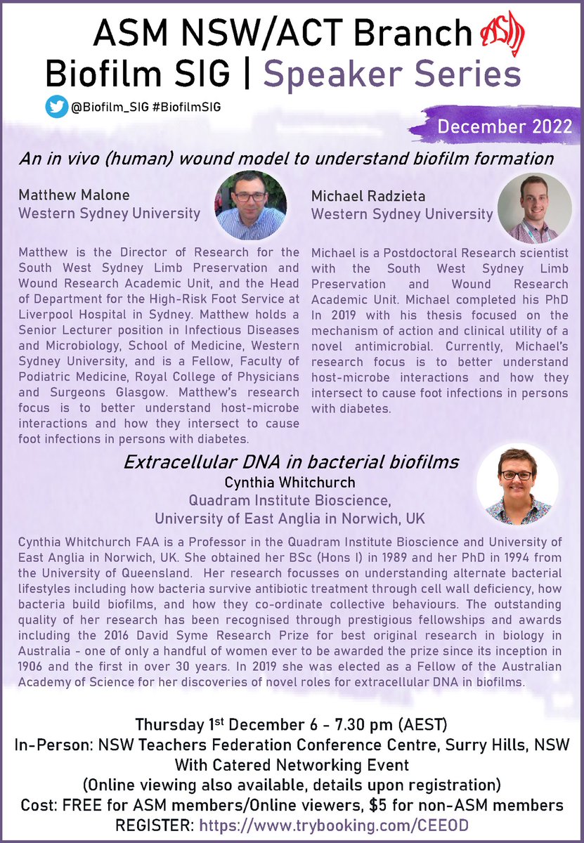 To end the year on a high we have a fantastic lineup for our <a href="/AUSSOCMIC/">ASM</a> <a href="/ASM_NSWACT/">ASM NSW/ACT Branch</a> #BiofilmSIG December Speaker Series 🧫 🌟

We have Matthew Malone and Michael Radzieta and Cynthia Whitchurch (@Cwhitch) ! 
Get ready to be WOWED 🤩

Register: trybooking.com/CEEOD