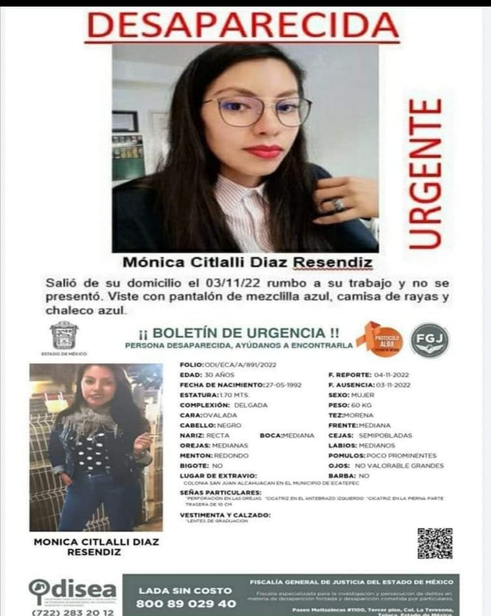 Desgraciadamente se confirma

El cuerpo localizado en la carretera México-Cuernavaca, en límites con el Estado de Morelos, es de la maestra Monica Citlali, desaparecida hace unos días

#NiUnaMas

#HazRedPorLasMujeres 💔