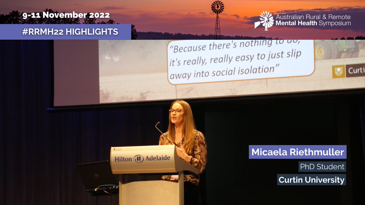 "Informal mental health community groups and events were found to be a vital part of reducing stigma, encouraging discussions of mental wellbeing and building resilience." - Micaela on Social Connection &amp; Community Support for Farmers' Mental Health and Wellbeing #RRMH22