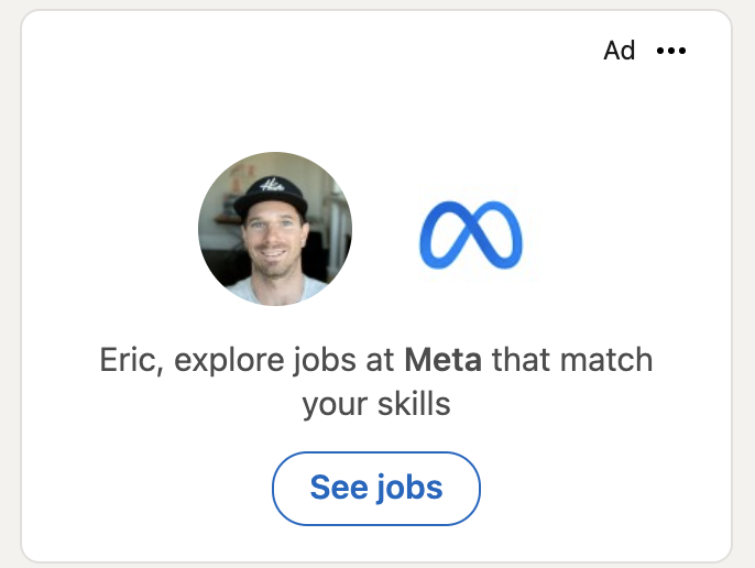 eric_heylo's tweet photo. Terrible timing for Meta to serve recruiting ads today after laying off 11,000 people https://t.co/mbhTabrH0K