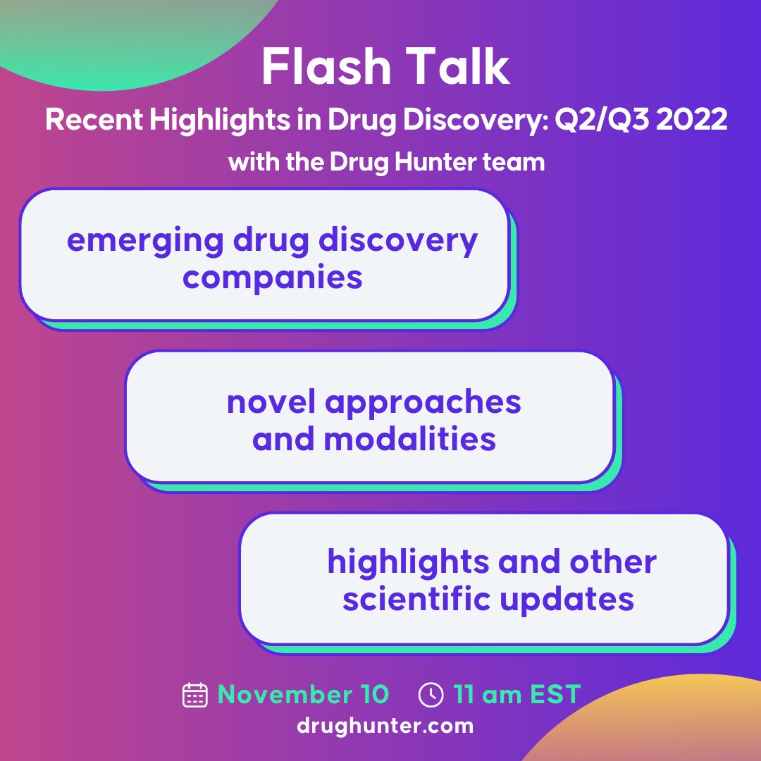 drughunter_com's tweet photo. Flash Talk with the Drug Hunter Team | https://t.co/1EKt5GIs2E

November 10th, 11am EST

Join us tomorrow morning for a Drug Hunter webinar in which we'll cover interesting drug discovery highlights from Q2/3 of 2022

#drughunter https://t.co/KLjcfV1gjK