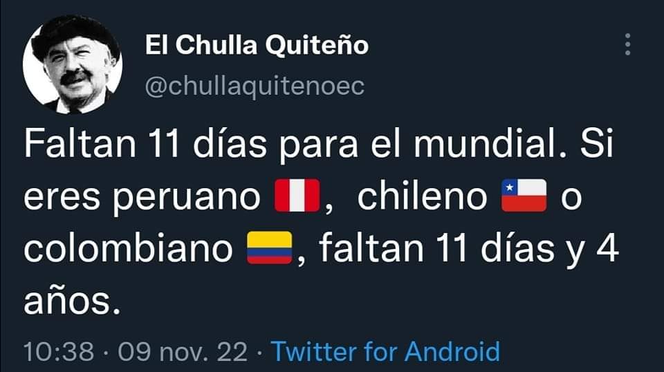 CodigoCastroEC's tweet photo. #TorontoLatinos
#MundialQatar2022
#Ecuador
#Peru
#Colombia
#Chile https://t.co/i4hULcsUI1