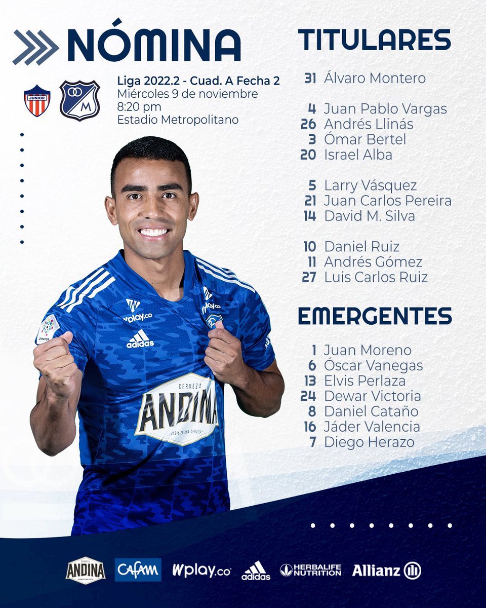 RinconCapital's tweet photo. LA TITULAR DE MILLOSⓂ️

As�� saldrá Millonarios esta noche en el Metropolitano de Barranquilla a las 8:20 p.m. https://t.co/4UKcaGuB3y