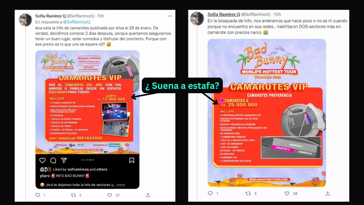 Denuncia contra G5pro: señaron una mesa en camarote por G. 12.000.000 para el concierto de Bad Bunny. Al retirar sus entradas vieron que les tocó el sector C, quedaron detrás de A y B, un sector habilitado recientemente por un precio de G. 25.000.000.