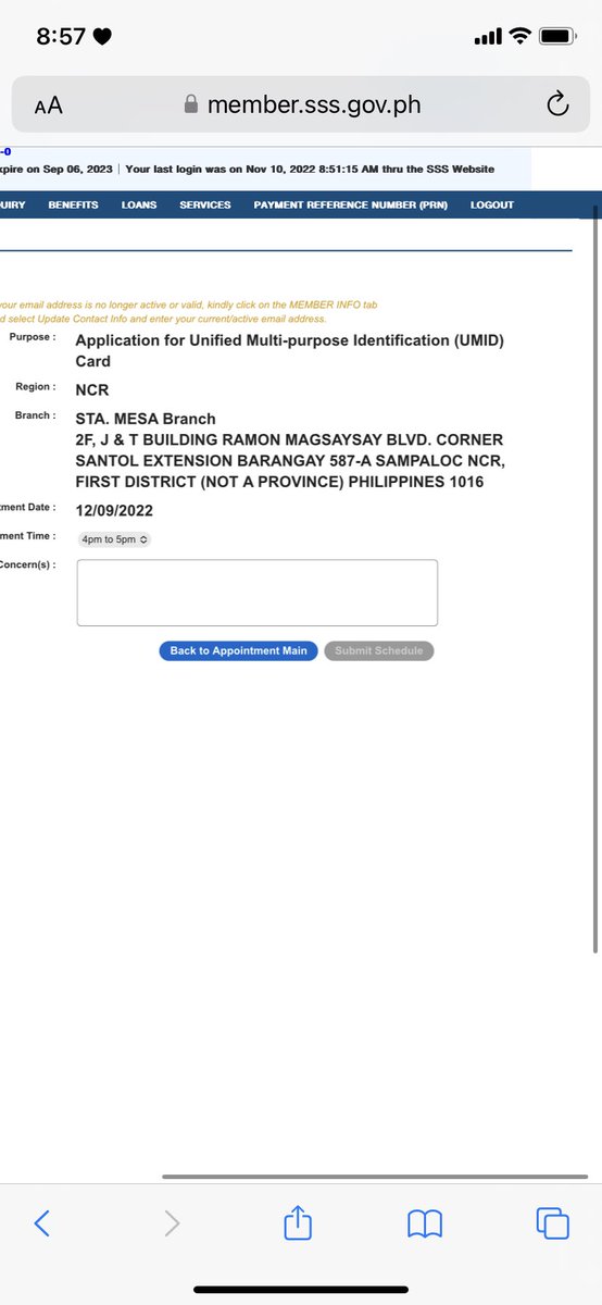 ErisXiusoo's tweet photo. @PHLSSS @AnamarieVinara2 di po makapag submit ng appointment for UMID ID sa website. naka grey lang yung submit schedule https://t.co/CSmAIu3u5K