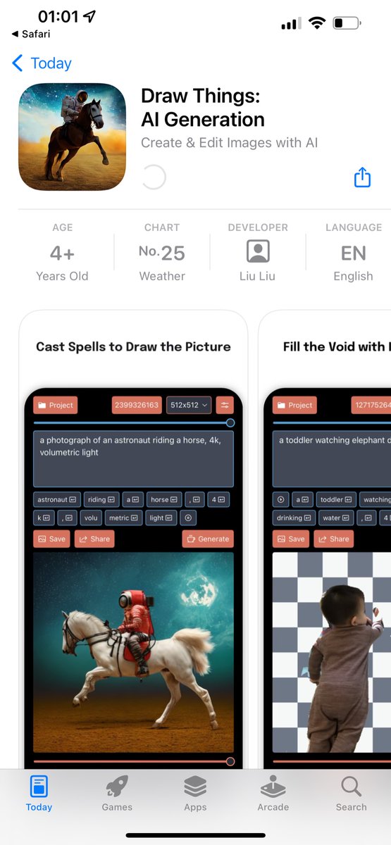 levelsio's tweet image. Stable Diffusion now runs on your iPhone thanks to @liuliu 

apps.apple.com/pt/app/draw-th…

Blog post about it: liuliu.me/eyes/stretch-i…