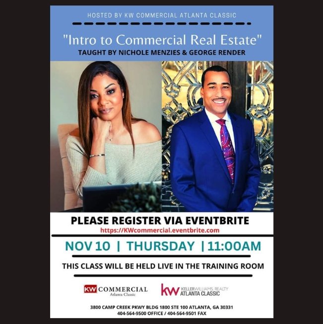 Have you ever thought about a career in commercial real estate? KW Commercial Atlanta Classic is hosting a free Intro to Commercial Real Estate session.

Register: KWCommercial.eventbrite.com

#RealEstate #CommercialRealEstate