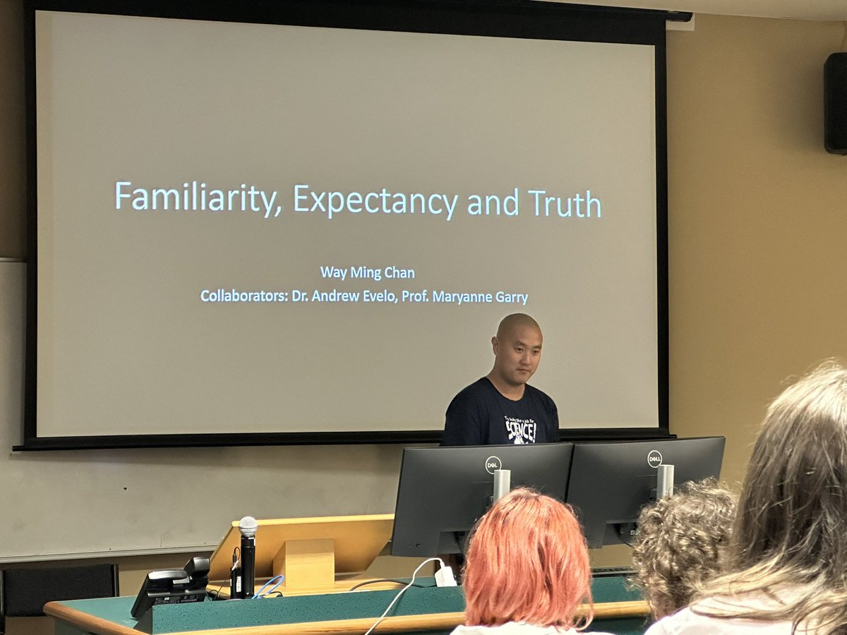 AlpsSgrad's tweet photo. Way Ming Chan talking about repetition of falsehoods leading to believing them based on familiarity. #ALPSSgrad2022 https://t.co/toERwbei0p