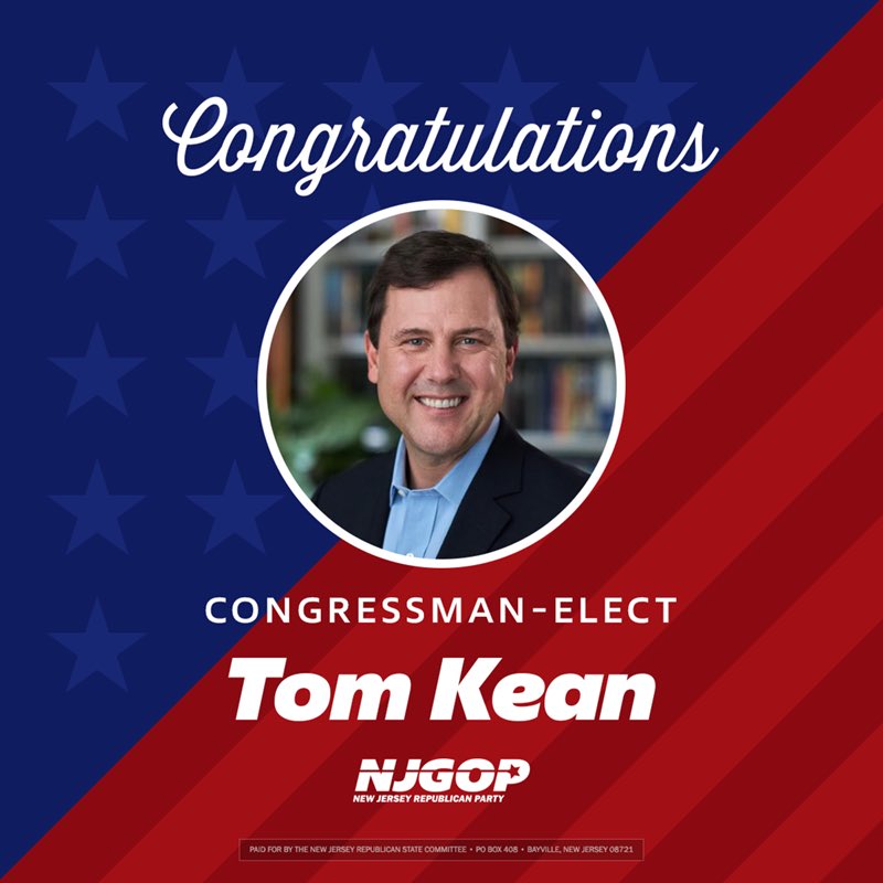 NJGOP's tweet photo. This is a huge blow for NJ Democrats (@NJDSC). @Malinowski lost a district that Biden won very easily, even under the new lines!

It’s a testament to Tom Kean’s hard work and commitment to fixing inflation and getting America back on track! 

Congratulations @KeanForCongress! https://t.co/ywpX9rJ2cQ