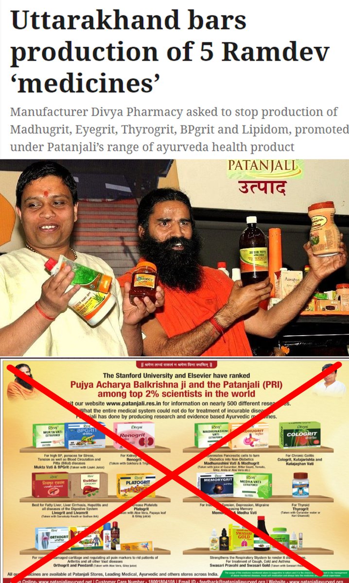 Top 2% Scientist-Con-Businessmen run Patanjali Ayurved asked to STOP production of their magical drugs which cures diabetes, high cholesterol, hypertension &amp; blindness by State Drugs Licensing Authority telegraphindia.com/india/uttarakh…

Historic win, kudos to intense efforts by <a href="/drbabukv/">Dr Babu K V</a>