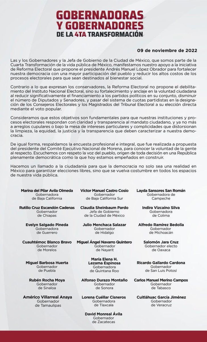 MaraLezama's tweet photo. En #QuintanaRoo respaldamos la democracia. Tod@s l@s gobernador@s de la #CuartaTransformación nos sumamos a la iniciativa de nuestro presidente @lopezobrador_. #UnidosParaTransformar https://t.co/tW60bZqBrk