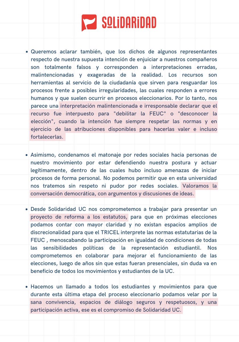 Ante todo lo ocurrido los últimos días, como Solidaridad UC declaramos lo siguiente: