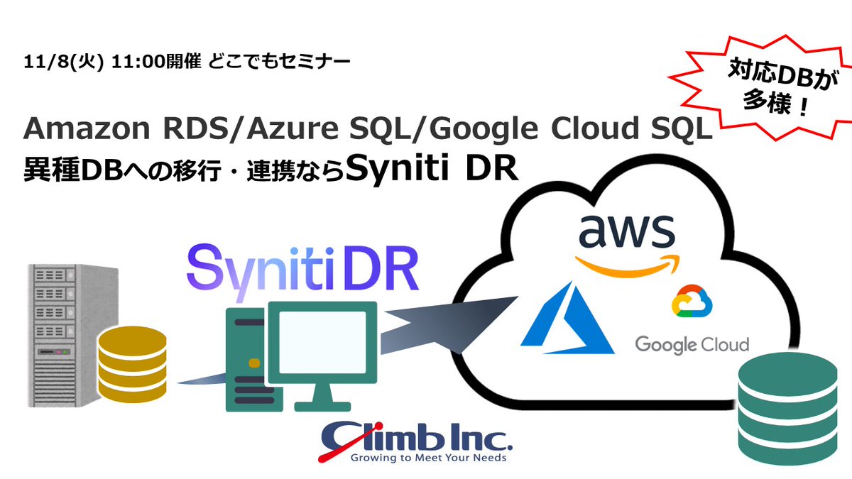 climbtech1's tweet image. 11/8に開催したセミナーのスライドをアップしました！セミナー動画も再度ご覧いただけます！
climb.co.jp/soft/websemina…
#AmazonRDS/#AzureSQL/#GoogleCloudSQL 対応DBが多様！異種DBへの移行・連携なら #Syniti DR