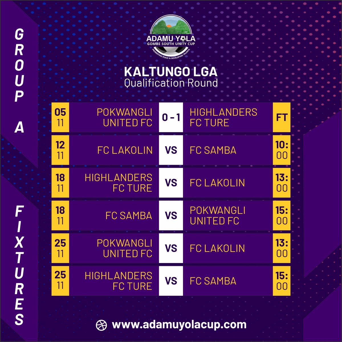 AdamuYolaFDN's tweet photo. #KaltungoLGA #QualificationRound full fixtures

Save the dates!

#AdamuYolaCup
#PromotingPeace
#DevelopingTalents
#AdamuYolaFoundation https://t.co/zZpNUwQWiS