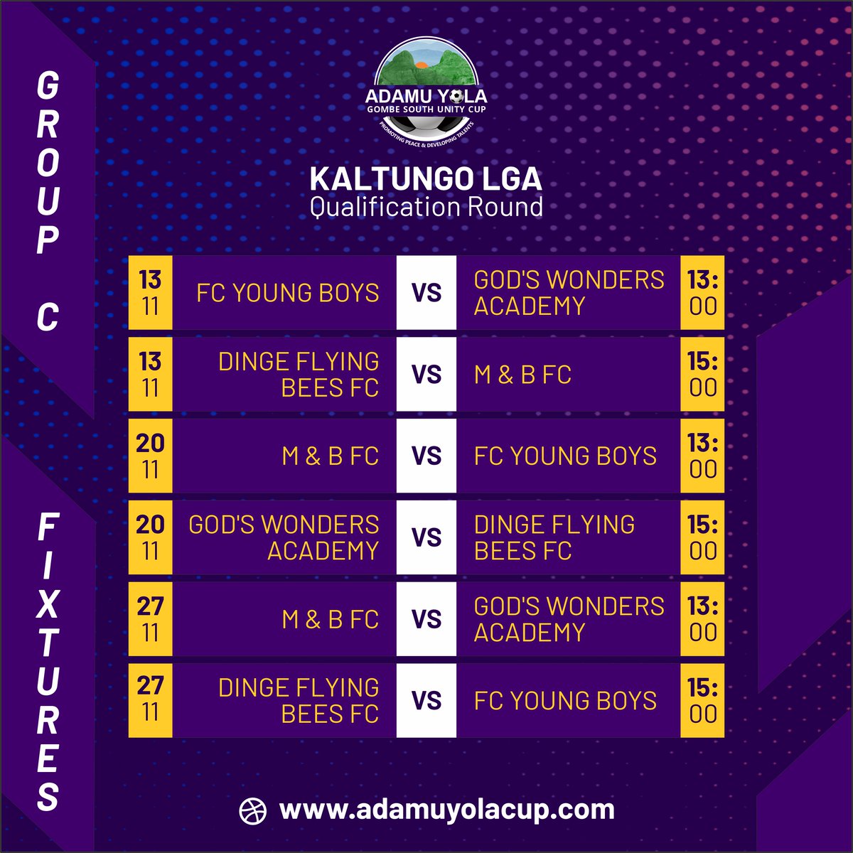 AdamuYolaFDN's tweet photo. #KaltungoLGA #QualificationRound full fixtures

Save the dates!

#AdamuYolaCup
#PromotingPeace
#DevelopingTalents
#AdamuYolaFoundation https://t.co/zZpNUwQWiS
