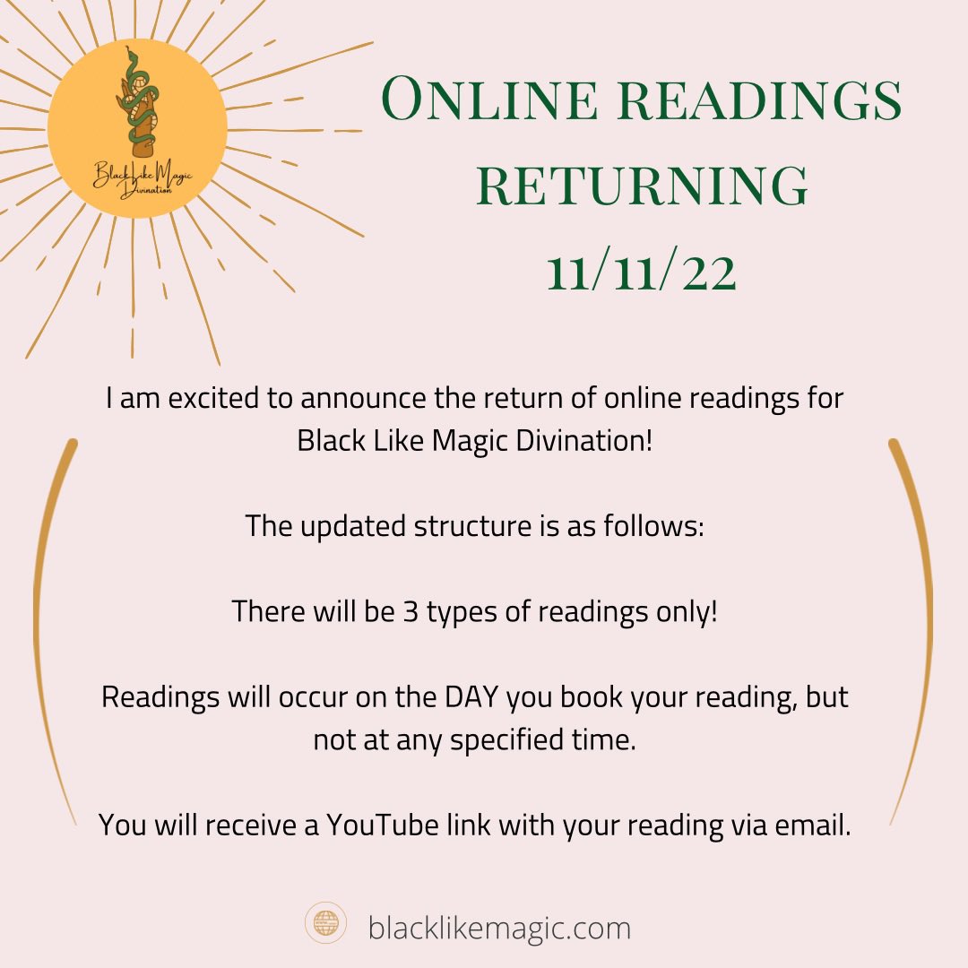 blacklikemag1c's tweet photo. Readings are open again! It’s been a long time since I offered readings online, but I’m so excited to bring them back. You can book by hitting the calendar on https://t.co/2EuvAngbSh! https://t.co/nRfG6aakt4