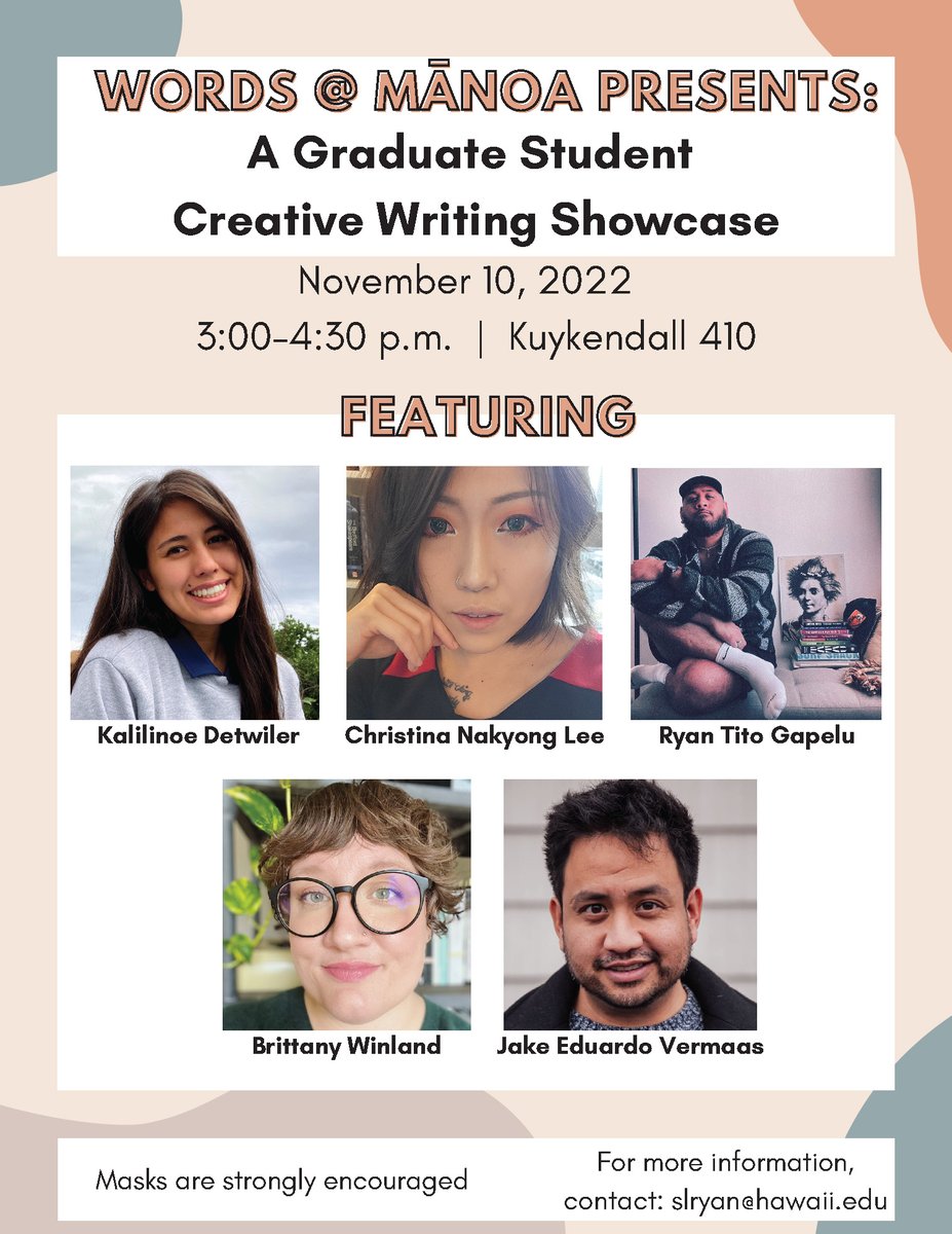 Happening tomorrow! Come check out the brilliant creative work being produced by our graduate students in this showcase at 3 p.m., Kuykendall 410. This event is free and open to the public -- please join us!
