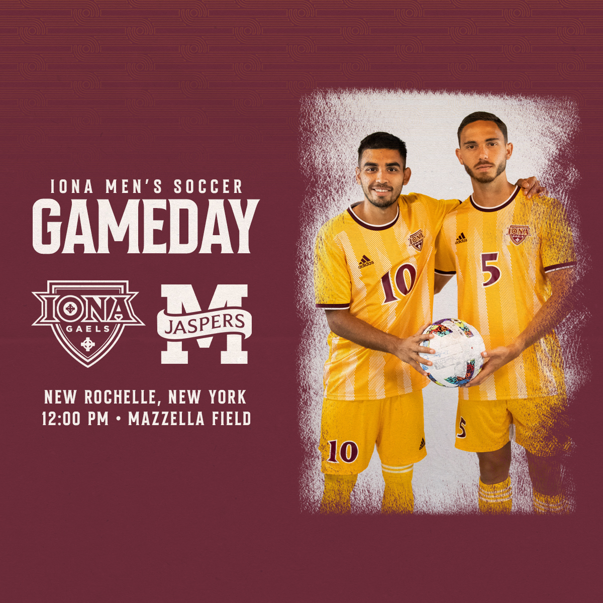 IonaMSOC's tweet photo. 𝗚𝗔𝗠𝗘𝗗𝗔𝗬. Hosting Manhattan in the MAAC Semifinal today on Mazzella at noon! Admission is free for students.

🆚: @JaspersSoccer 
🏟️: Mazzella Field
⏰: NOON
📊: https://t.co/nhQW1eT11j
📺: https://t.co/LkQCNmtnMk
🎟️: https://t.co/Zg1l673Ggf

#IMS | #GaelNation https://t.co/9k8t0DfRoR