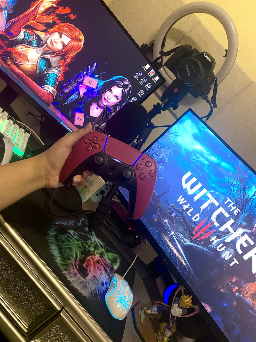 Lenorvia's tweet photo. New ps5 controller so chat won’t hear the buzzing when I charge them 😅 grateful to my twitch community for helping get these cool things #ps5remote #pc #ps5controller #twitchstreamer #otaku #witcher3 #sorcererwallpaper #gwent #pcsetup https://t.co/UugU8g3tyO