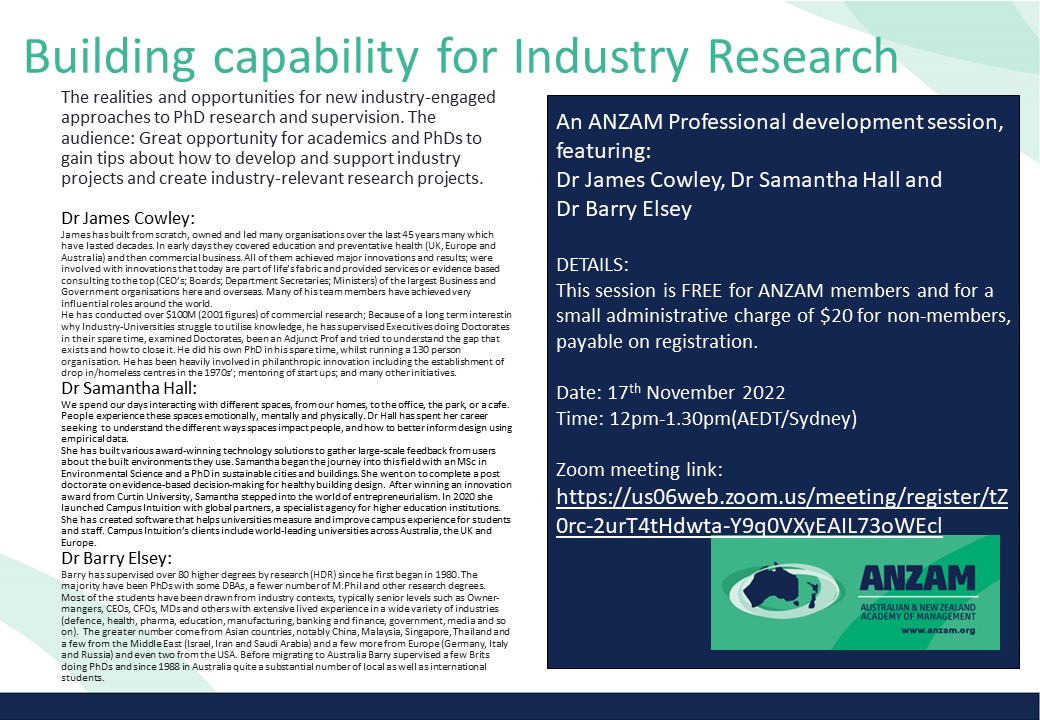 Register for ANZAM's up-coming PD Session - 17/11/22. 12pm-1.30pm AEDT/Sydney

"Building capability for Industry Research"

This session is FREE to ANZAM members and for a small administrative charge of $20 for non-members.    

TO REGISTER: lnkd.in/dDi2_-xi