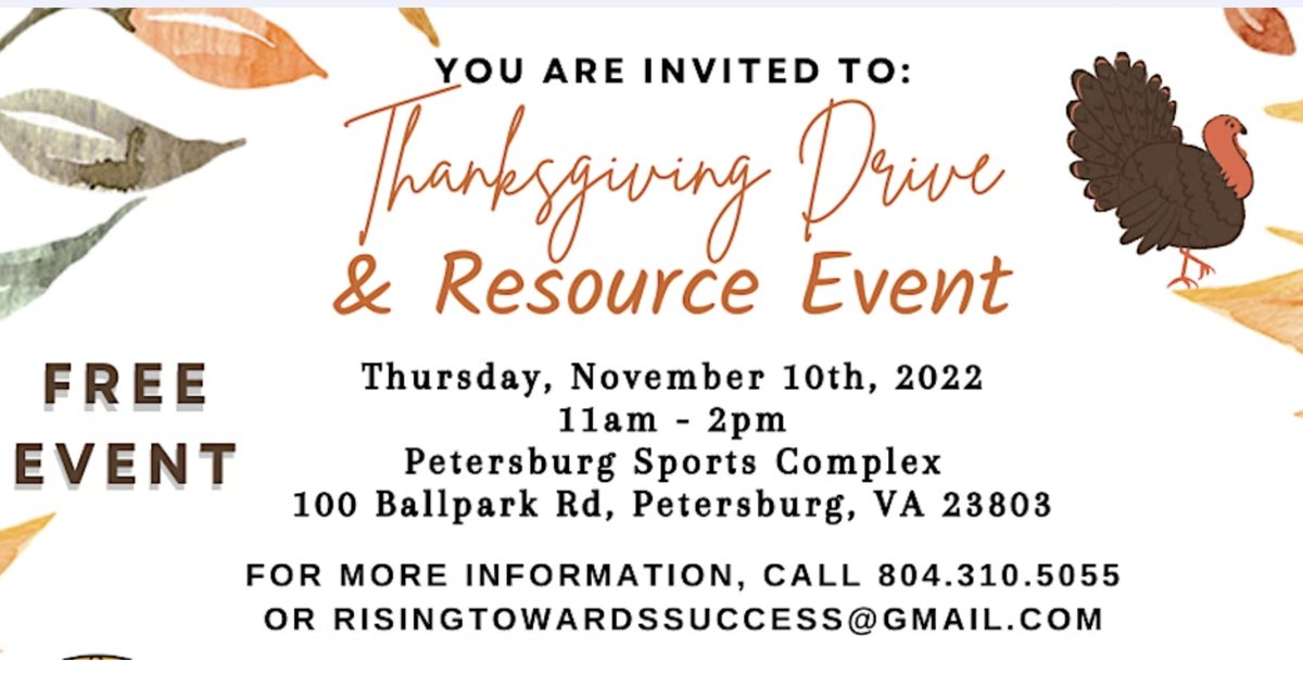 Don't Miss the 'Thanksgiving Drive & Resource Event' on Thursday, November 10, 11am-2pm at the Petersburg Sports Complex, 100 Ballpark Rd. The event aims to provide helpful resource information and give out free Thanksgiving items, including turkeys and canned goods.