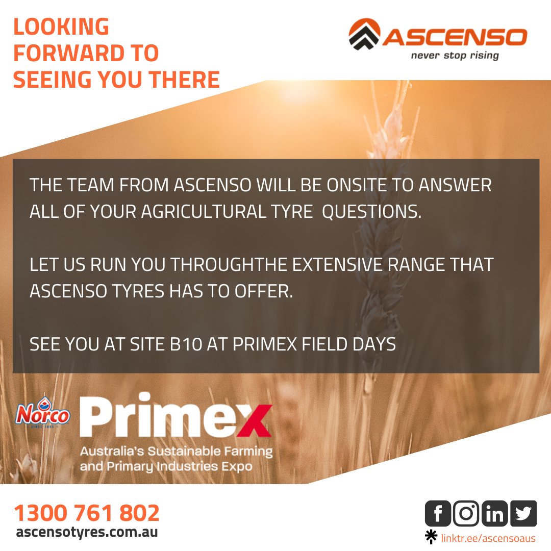 AscensoAus's tweet photo. We are looking forward to seeing you at this year's @primexaus 

Come and visit the teams from Ascenso Tyres Australia and Casino Tyrepower at site B10.

We are here to help with all your tyre-related questions and technical advice.

#primex2022 https://t.co/GK5yKzp3L4