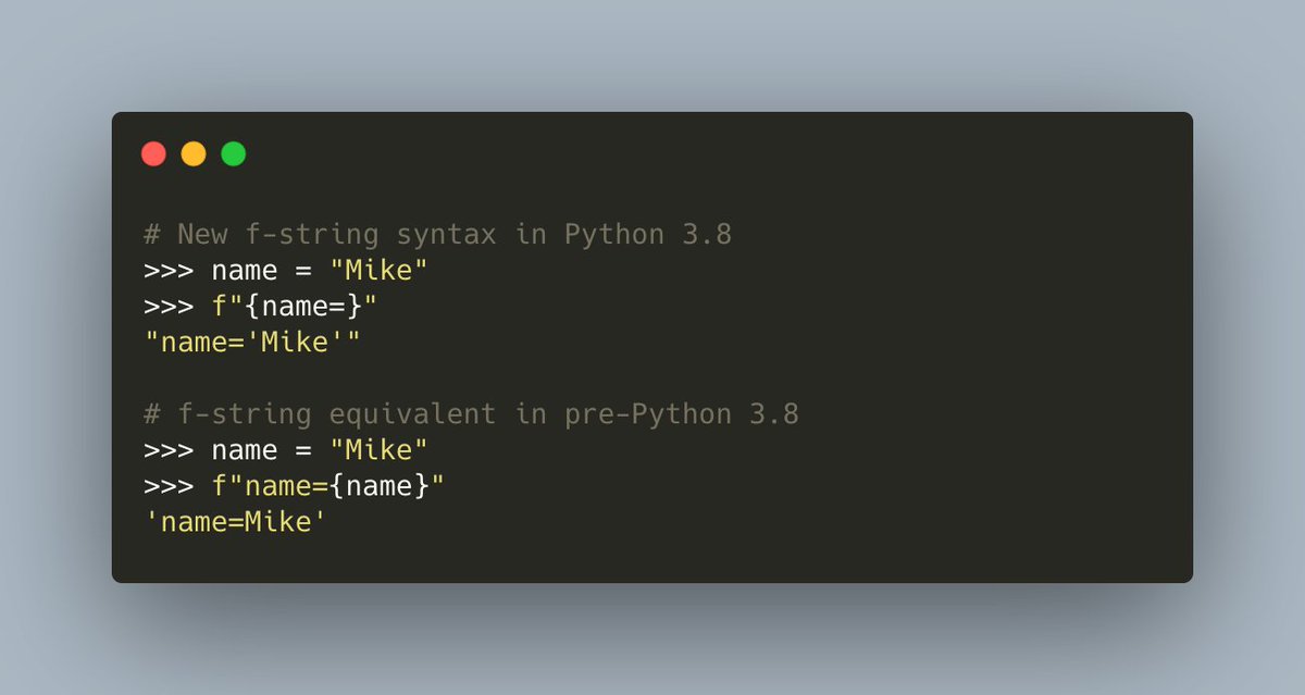Starting in #Python 3.8, you can use the equals sign after a variable in an f-string to show BOTH the variable AND its value! 🐍🔥