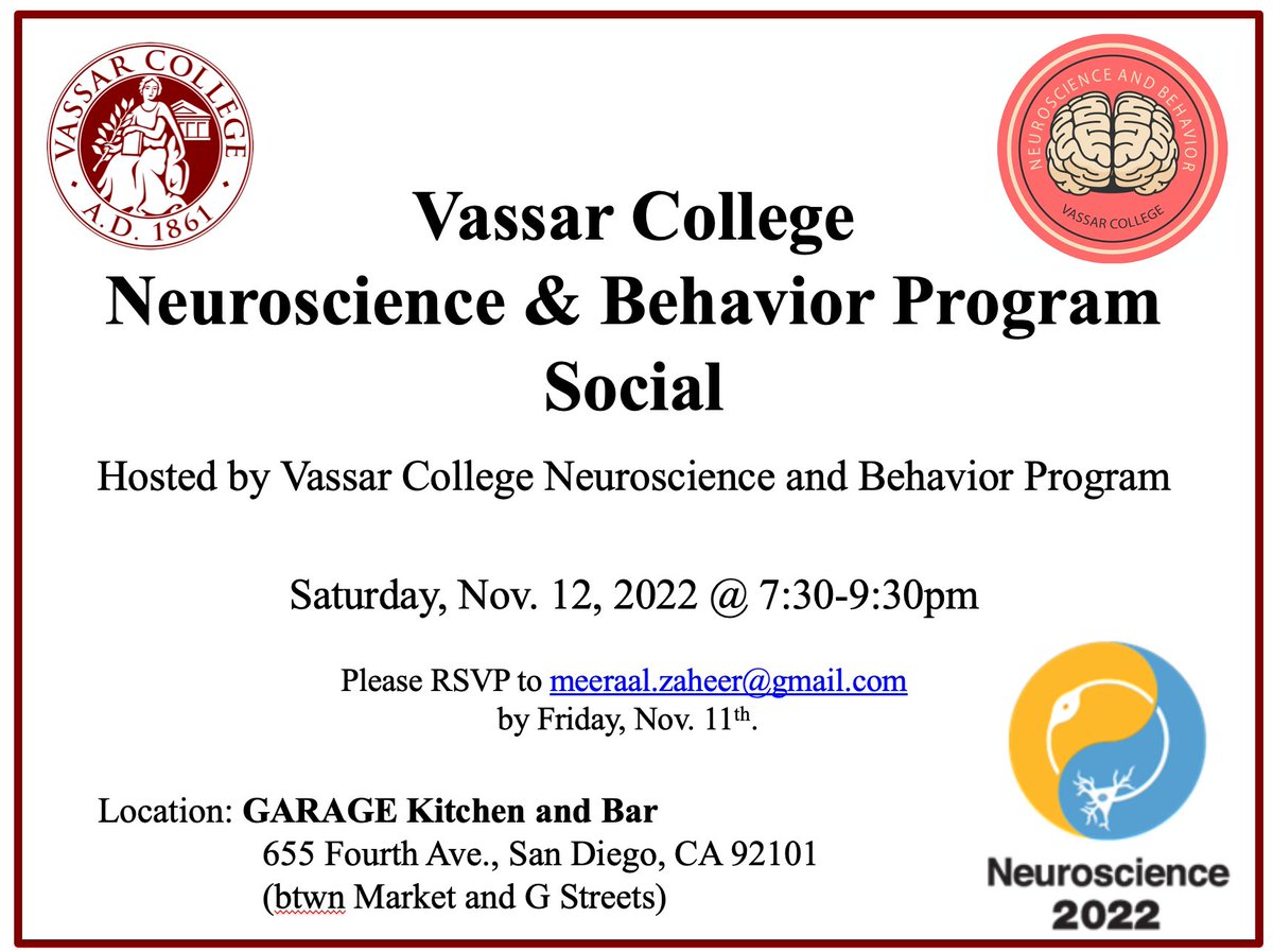 Vassar Neuroscience (@vcneuroscience) on Twitter photo Calling all Vassar Neuroscience & Behavior alums! Come join the Vassar SfN Social on Saturday, Nov. 12th at 7:30-9-30 pm at GARAGE Kitchen and Bar! <a href="/SfNtweets/">Society for Neuroscience (SfN)</a> <a href="/VassarClubSD/">Vassar Club of San Diego</a> <a href="/Vassar/">Vassar College</a> Calling all Vassar Neuroscience & Behavior alums! Come join the Vassar SfN Social on Saturday, Nov. 12th at 7:30-9-30 pm at GARAGE Kitchen and Bar! <a href="/SfNtweets/">Society for Neuroscience (SfN)</a> <a href="/VassarClubSD/">Vassar Club of San Diego</a> <a href="/Vassar/">Vassar College</a>