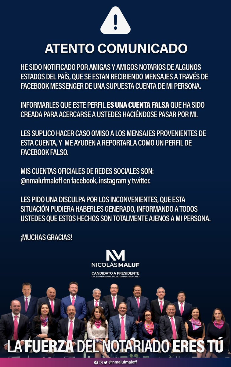 Queridos Amigas y Amigos Notarios,
Les comparto el siguiente comunicado urgente.
Agradezco su atención.

Su Amigo,
Nicolás Maluf