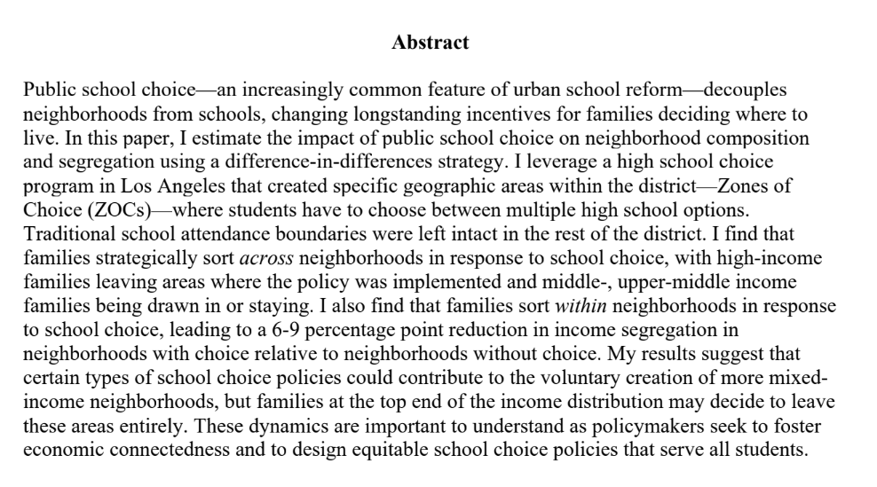 jenniferdoleac's tweet photo. Susha Roy

JMP: "Impacts of Public School Choice on Neighborhoods: Evidence from Los Angeles"

Website: https://t.co/GwVgWHG4Z2 https://t.co/hqt6UAWf8M
