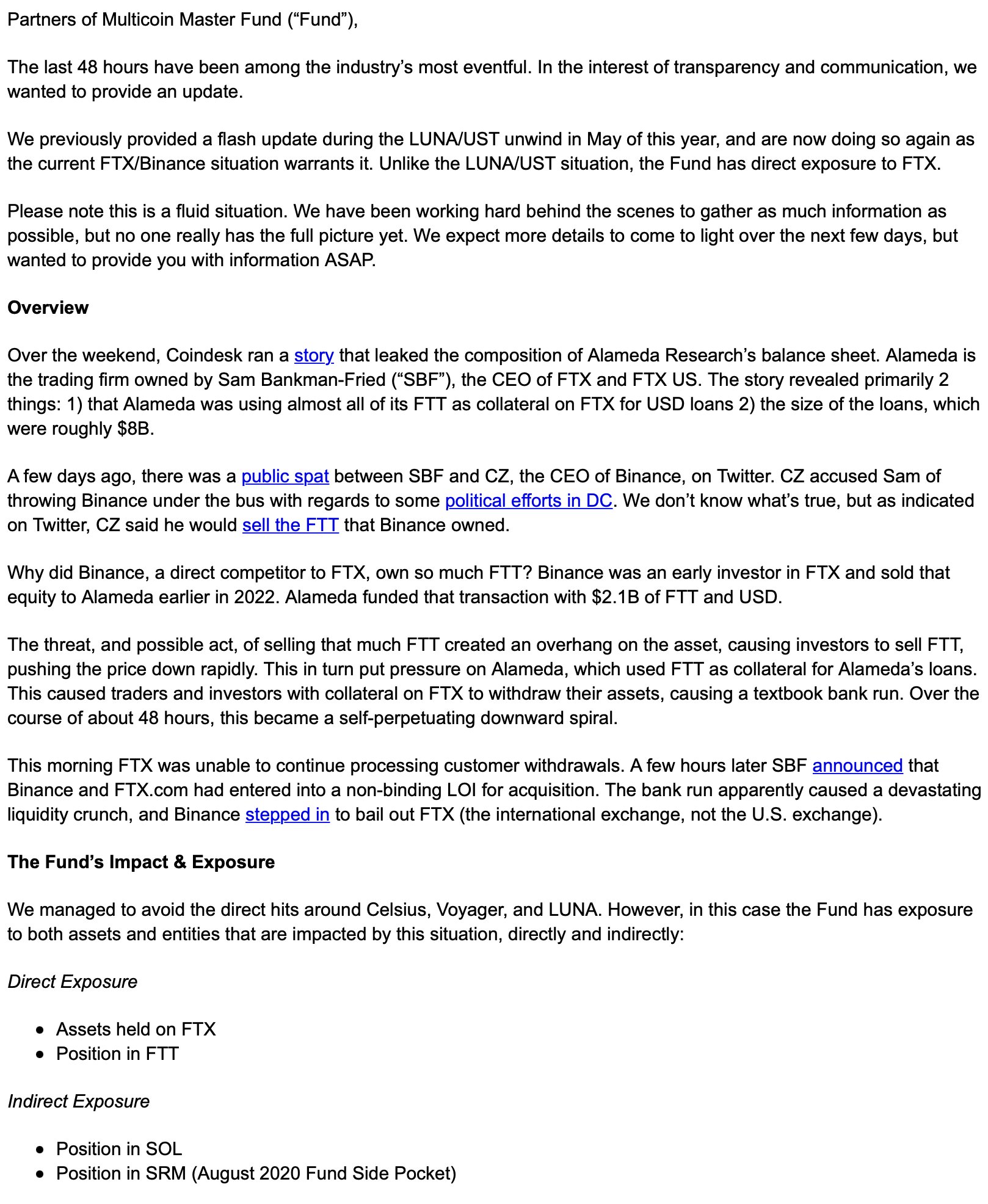 Multicoin Capital：直接投资于FTX，敞口包括在FTX上持有的资产和FTT持仓等  PANews