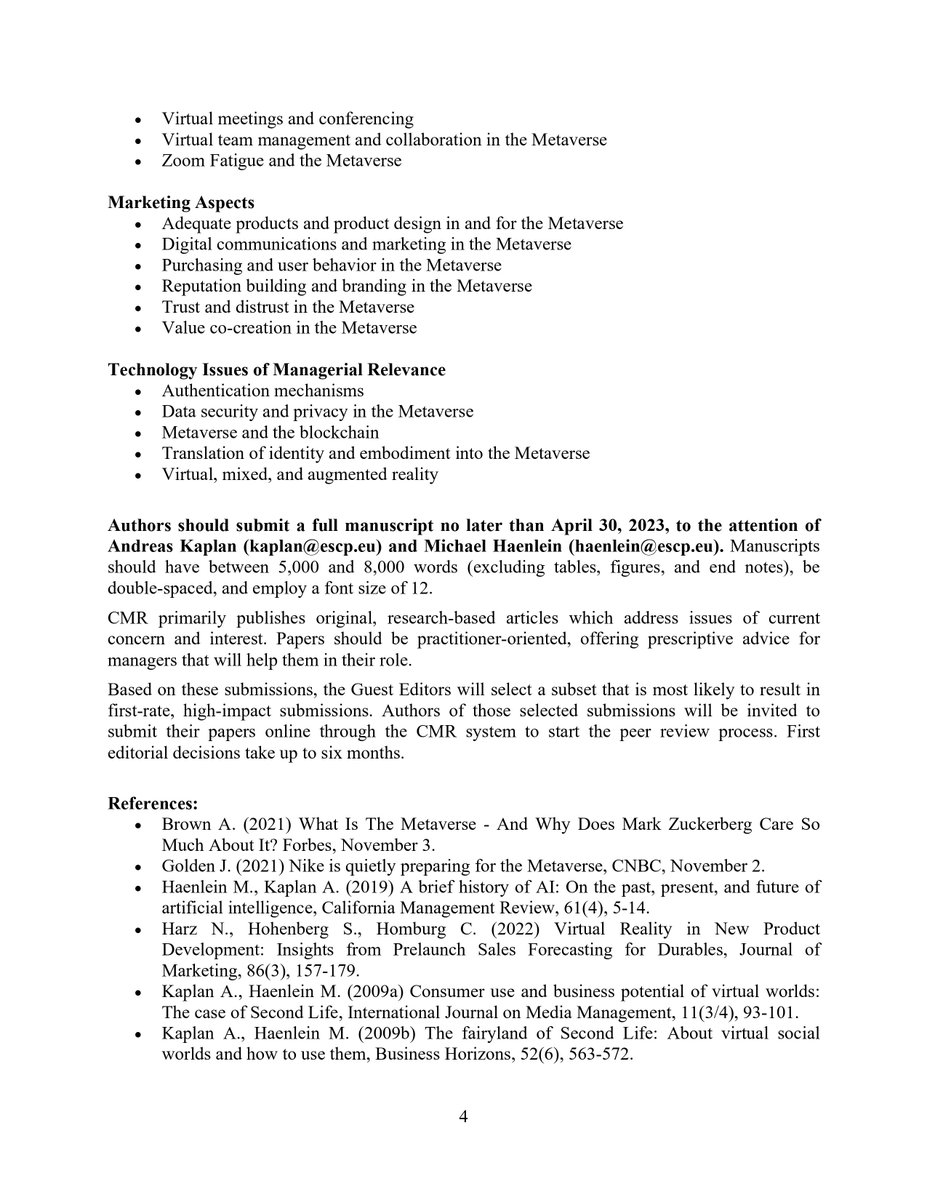 Please share! Call for papers: #SpecialIssue on the #Metaverse &amp; #VirtualWorlds ed. by great <a href="/haenlein/">Michael Haenlein</a> &amp; I for the esteemed <a href="/CMR_UCBerkeley/">CMR</a>. Complete Call here: bit.ly/3zZ4tuE. PLEASE DO SHARE 😇🫠🥰. #CaliforniaManagementReview #Avatar #VirtualReality #Future