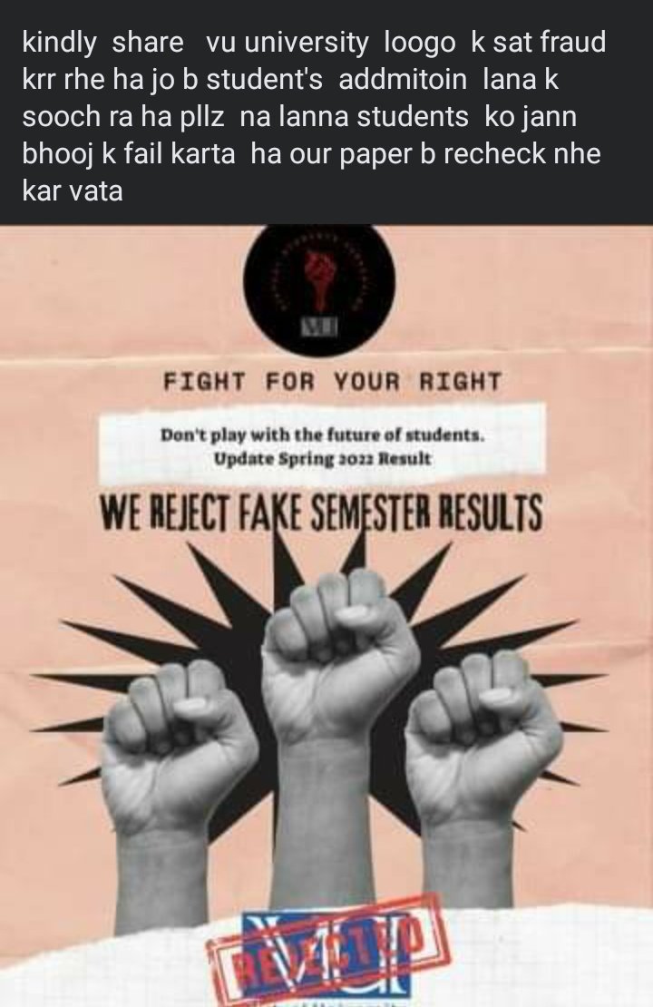 bc210428283's tweet photo. #vuresultnamanzor
#vuResultNotAccepted 
#WeRejectVUResult 
#WeRejectedVuResult2022 https://t.co/wVRDFaPK0h
