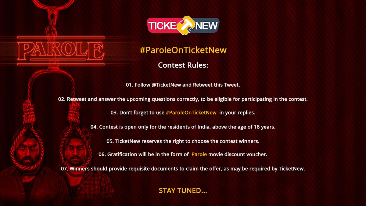 TicketNew's tweet image. ⚡#TicketNewContestAlert⚡

Here are set rules for participating in the contest 
#ParoleOnTicketNew🤩

@Oscl8r1 @tripr_entertain @iamdwarakh @madhu1134 @KarthiikPK @linga_offcl