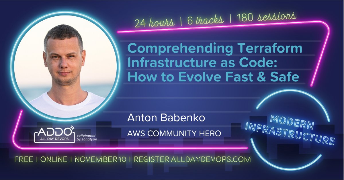 Anton Babenko 🇺🇦 (@antonbabenko) on Twitter photo I am excited to speak about Comprehending Terraform Infrastructure as Code at <a href="/AllDayDevOps/">All Day DevOps</a> today at 3PM GMT +1 (CET).
PS: If you are curious about #Serverless & Terraform, then see you tomorrow here youtube.com/watch?v=jv8Wgb… I am excited to speak about Comprehending Terraform Infrastructure as Code at <a href="/AllDayDevOps/">All Day DevOps</a> today at 3PM GMT +1 (CET).
PS: If you are curious about #Serverless & Terraform, then see you tomorrow here youtube.com/watch?v=jv8Wgb…